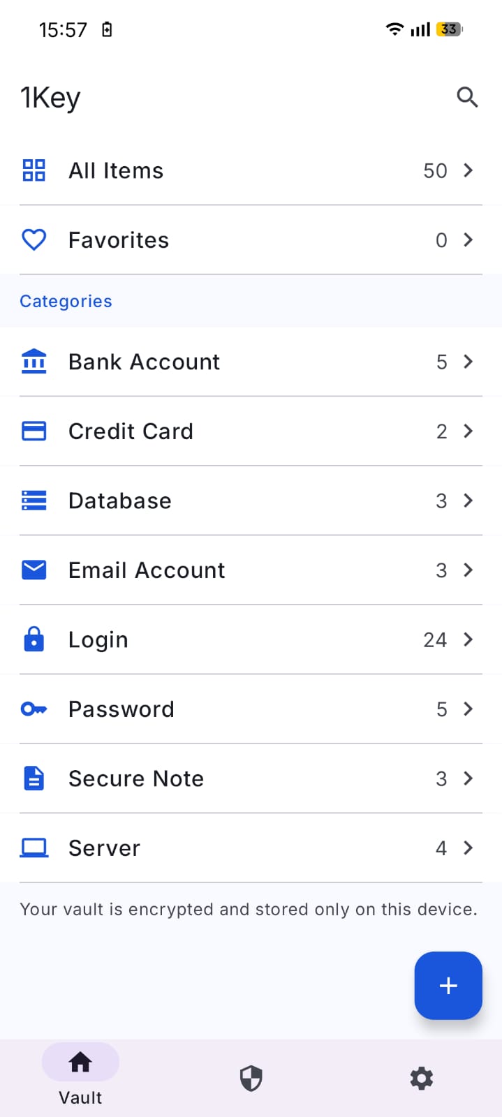 1Key vault home screen