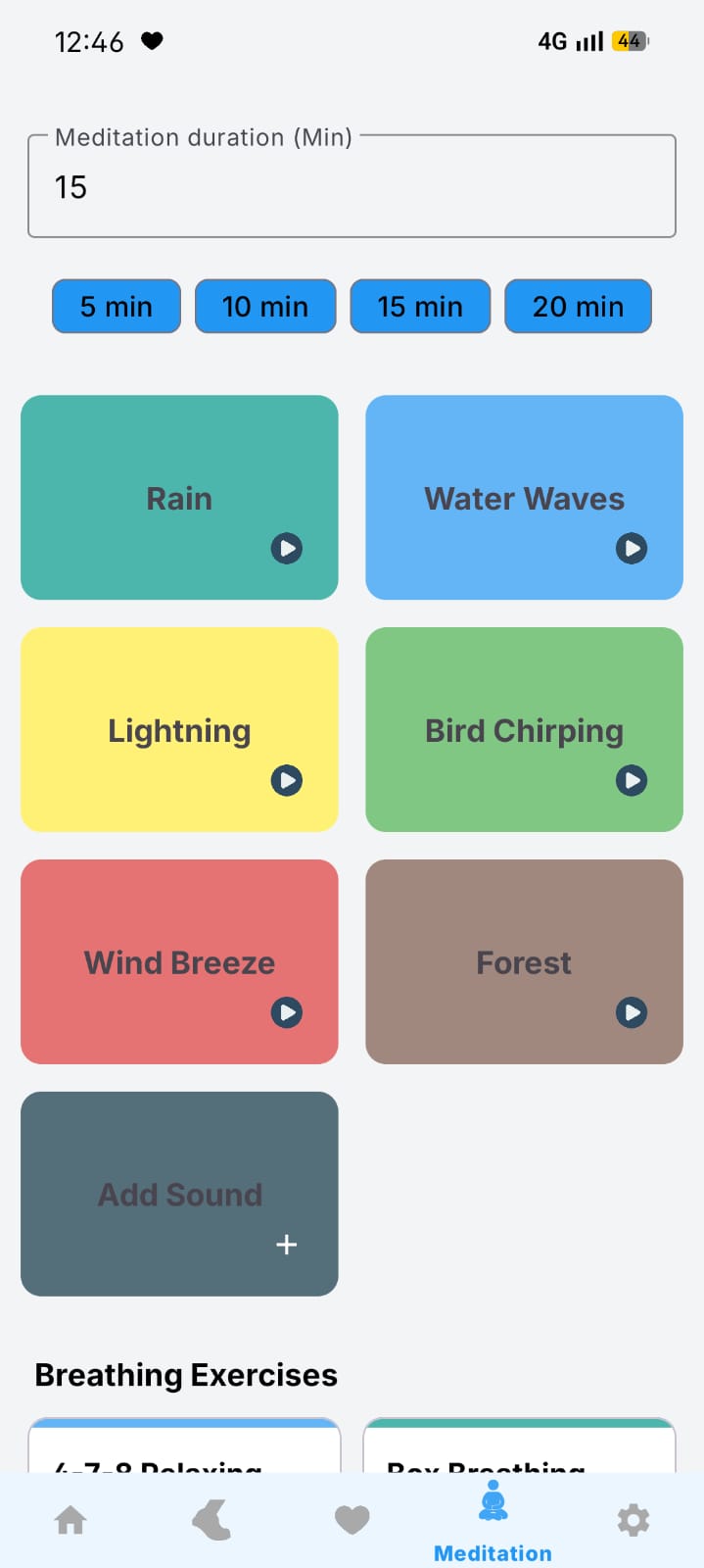 Sehat meditation screen with soundscapes and breathing exercises