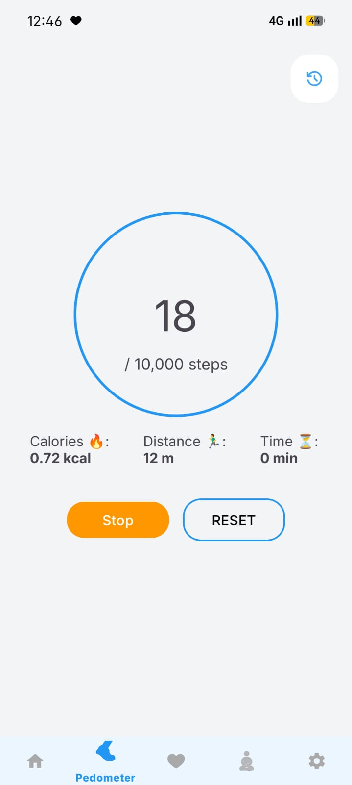 Sehat pedometer screen with step ring, calories, distance and time