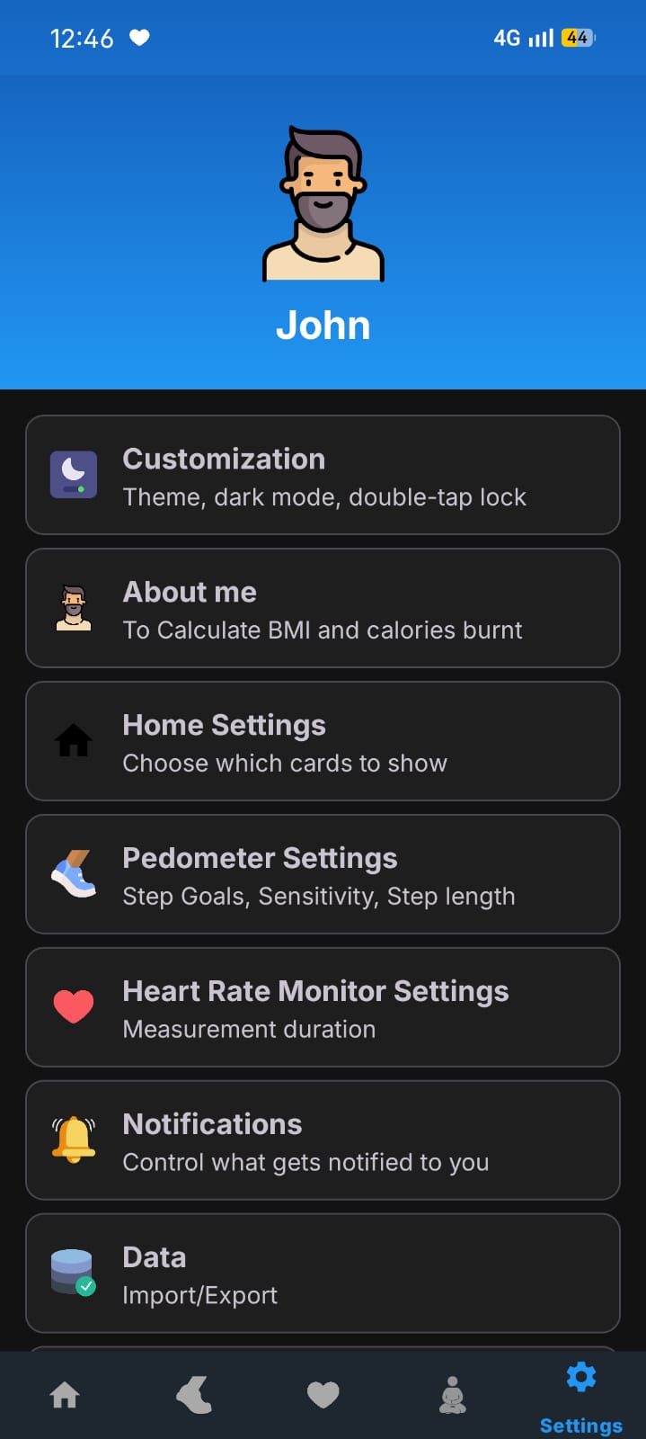 Settings screen