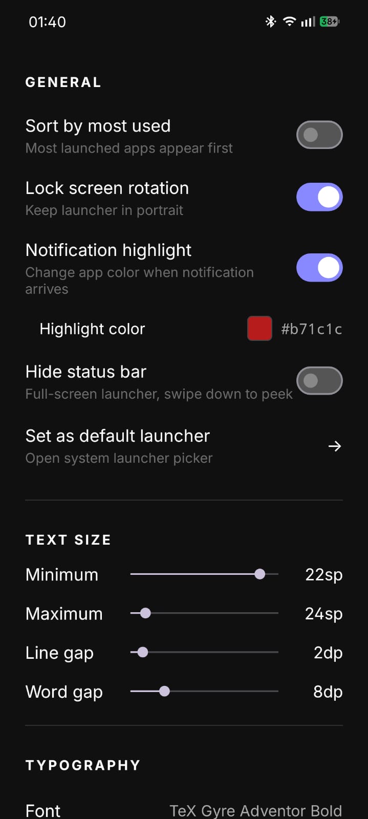 Slate settings — general and text size