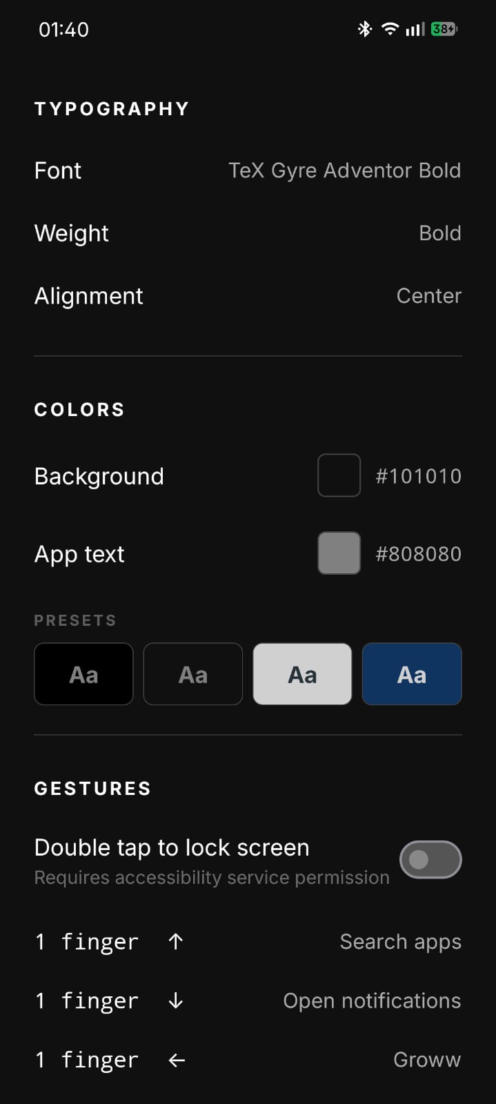 Slate settings — typography, colors and gestures